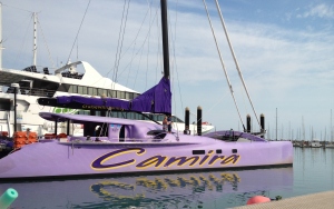 There she is, setting sail aboard the Camira Catamaran